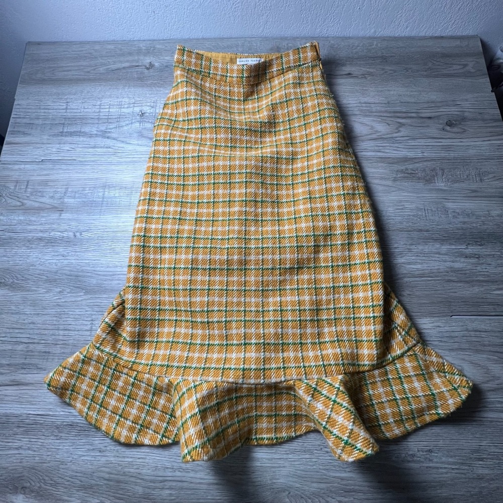 English Factory Plaid Midi Skirt Womens XS Yellow Green Ruffle Hem Tweed Check